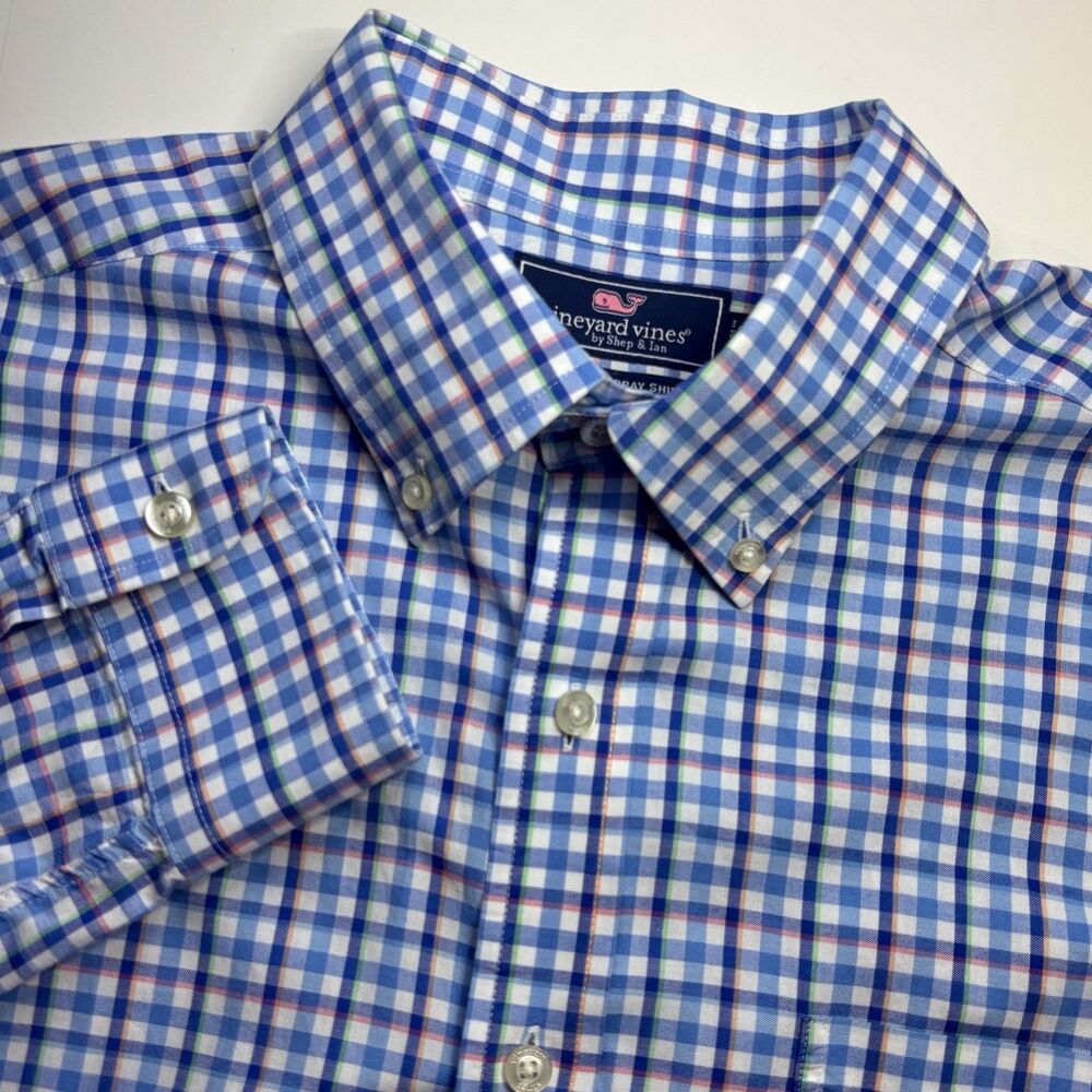 Vineyard Vines Slim Fit Men's Large Blue White Plaid Long Sleeve Murray Shirt - Picture 1 of 8